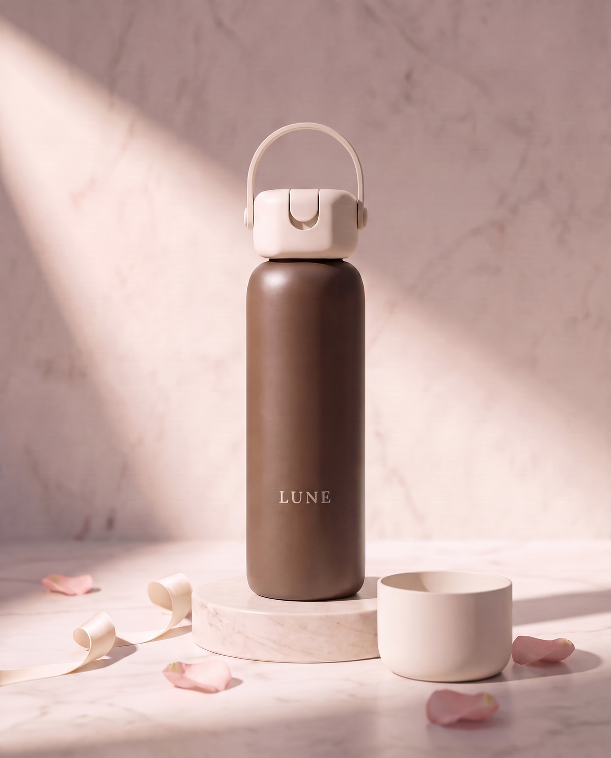 The LUNE bottle with its silicone boot removed and standing beside the base